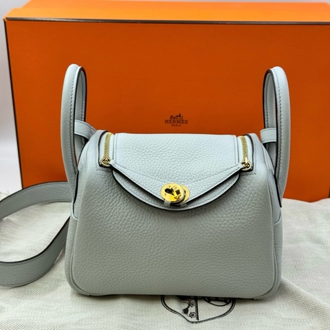 愛馬仕/Hermes Lindy mini手提包肩背包 聖杯藍 金扣