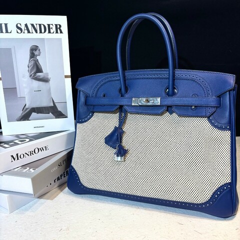 Hermes/愛馬仕 birkin35寶石藍拼蕾絲帆布銀扣手提包 T刻