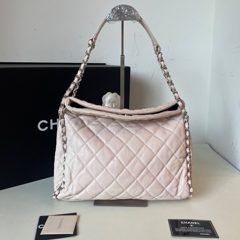 97新 Chanel/香奈兒櫻花粉hobo側標滾邊鏈條包 14開