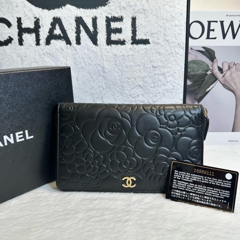 香奈兒/Chanel 16開 山茶花拉鍊大錢包 大手拿包 黑銀羊皮
