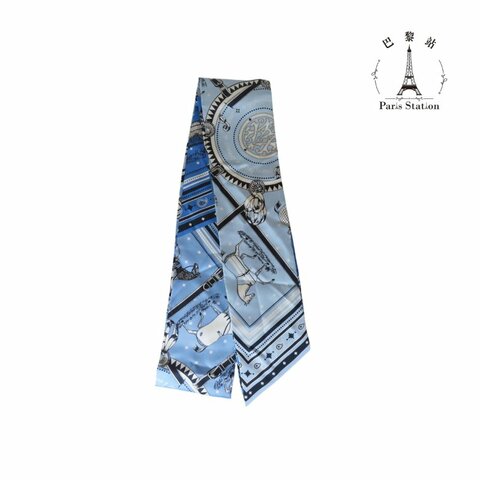 【巴黎站二手名牌專賣店】＊現貨＊HERMES 愛馬仕 真品＊經典 Grand Apparat 藍色盛裝駿馬圖案真絲 Twilly 絲巾