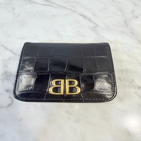 Balenciaga 黑牛皮鱷魚皮壓紋金釦4卡短折短夾