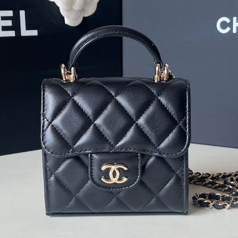 Chanel/香奈兒 23A黑金羊皮手柄kelly mini 小廢包 芯片款