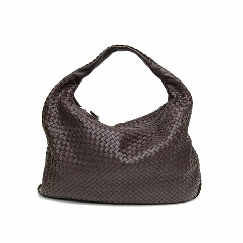 BOTTEGA VENETA 棕色羊皮革金扣編織和尚包肩背包