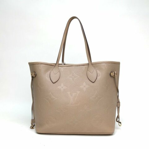 LOUIS VUITTON Neverfull中號灰色牛皮革金扣晶片老花壓紋肩背包