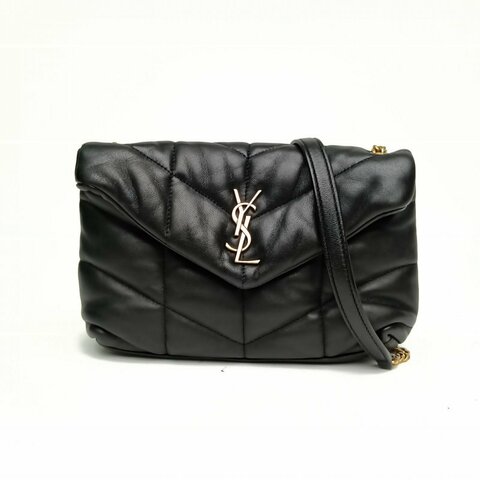 SAINT LAURENT Puffer雲朵包Mini23黑色羊皮革金扣肩背包
