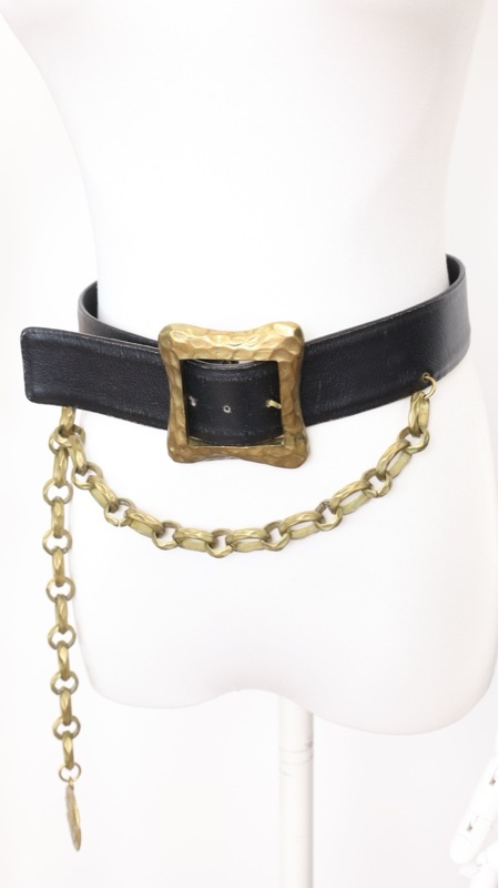 Chanel 93年春夏秀款黑色羊皮做旧金属链条宽腰带