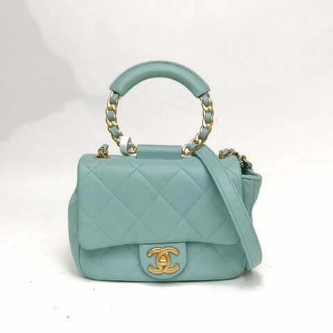 CHANEL 藍色牛皮革29開金扣字母圓環手提方胖子CF口蓋包肩背包