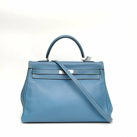 HERMES Kelly35牛仔藍Epsom皮框B銀扣肩背包