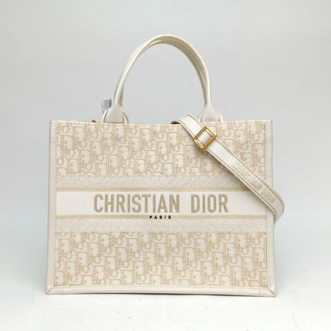 DIOR 白色帆布Oblique印花字母刺繡BookTote中號肩背包