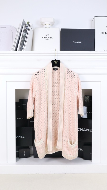 Chanel 18年粉白五分袖腰带两口袋针织开衫