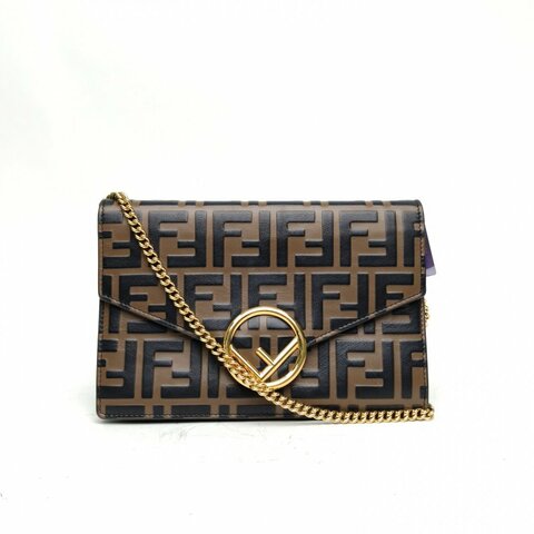 FENDI 棕色牛皮革金扣woc單肩包肩背包