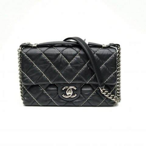 CHANEL 黑色牛皮革23開銀扣季節款縫線鏈條包肩背包