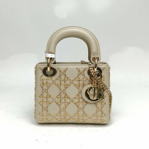 DIOR Lady戴妃包三格金色羊皮革金扣釘珠刺繡肩背包