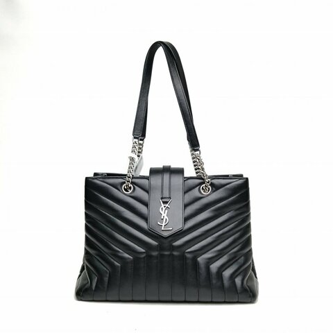 SAINT LAURENT 黑色牛皮革銀扣LOULOU托特Tote手提斜挎包Y縫肩背包