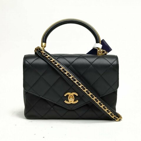 CHANEL 黑色牛皮革27開金扣圓環手柄郵差風琴包肩背包