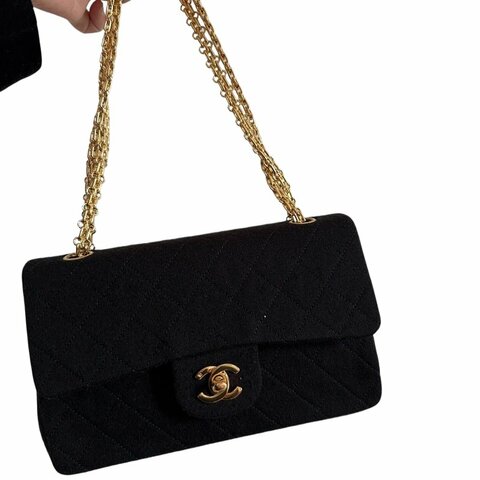 Chanel香奈兒黑金菱格紋雙C 扣鏈條包