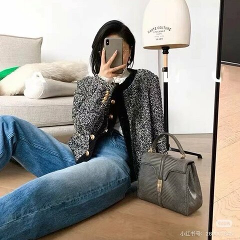 Celine Soft16手提斜背包 小號 蜥蜴皮 灰色金扣 23*19*8 99新配件肩帶 鑰匙*2 鎖 塵袋