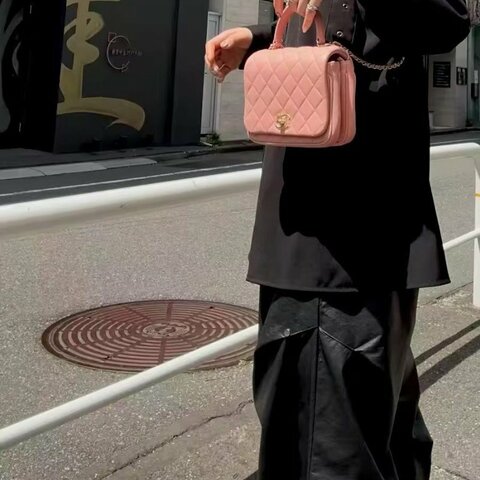 Chanel 手柄三層風琴包 粉金 粉色金扣 羊皮 17*14*5 99新配件 盒子 保卡 塵袋