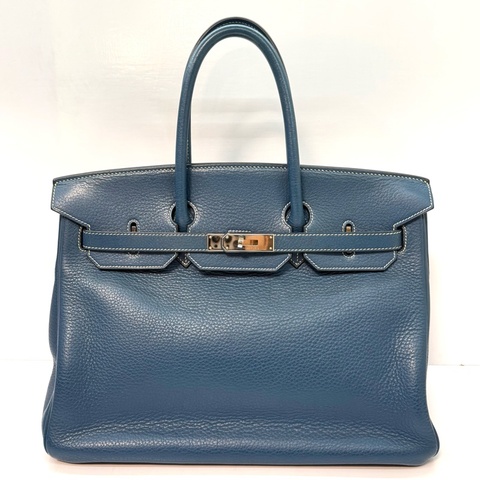HERMES  愛馬仕 柏金包35 □G刻 PHW 地中海藍 7A 銀扣