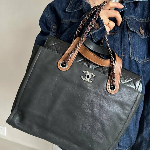 Chanel 拼皮手提托特包  黑銀 拼色 33*31*8 98新配件塵袋