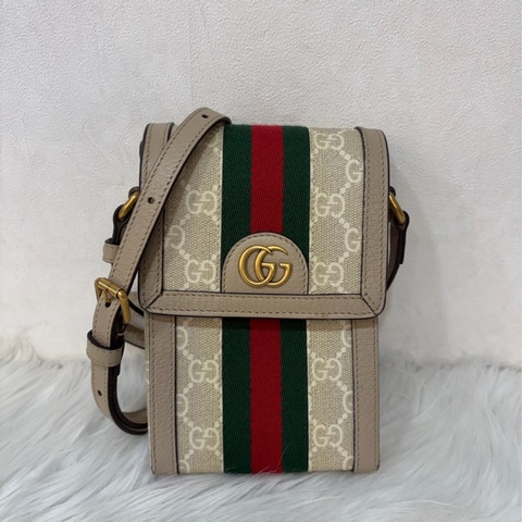 GUCCI 696056 淺卡其色 金釦 綠紅綠 手機包 隨身包 斜背包