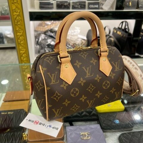 東區正精品㊣LV M46222 SPEEDY 20CM 原花字紋迷你咖啡色拚白色手提肩背背帶兩用波士頓包 RZ6558