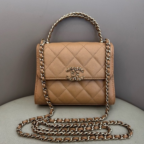chanel 香奈兒 奶茶色23p 荔枝紋牛皮手柄kelly鏈條包 23年芯片款