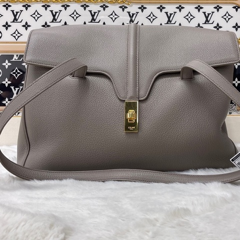 賽琳CELINE soft 16中號灰色荔枝紋牛皮單肩包