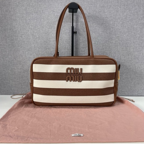99新MIU MIU繆繆 Beau Canvas 條紋圖案品牌徽標 棉拼滌綸 手提包 女款 深棕色拼自然色 尺寸：33*11*19.5cm 附件：塵袋。