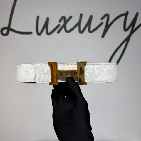 HERMES  愛馬仕 H 大金頭皮帶/腰帶 尺碼85/4.2cm 白色/藍色 雙面可戴