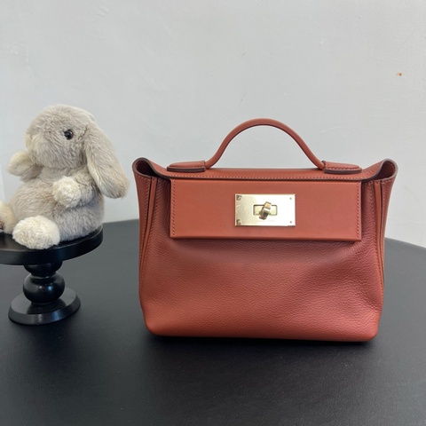 Hermes/愛馬仕 mini2424 手提包斜挎包 錫耶納紅棕金扣