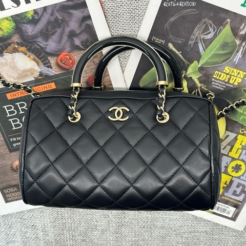 Chanel/香奈兒 黑金亞克力手柄保齡球包25C手提包斜背包 芯片款 19cm