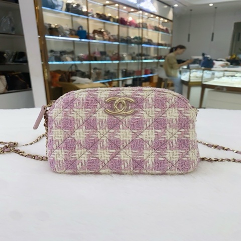 CHANEL香奈兒24K粉色拼乳白色金扣毛呢貝殼包