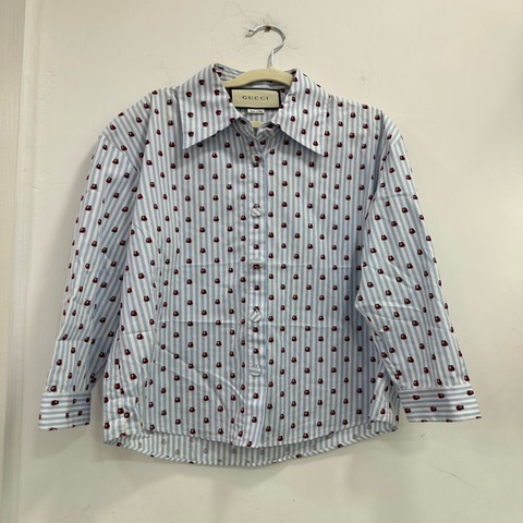 Gucci 古馳 藍白條紋 瓢蟲滿印荷葉邊襯衫 36碼