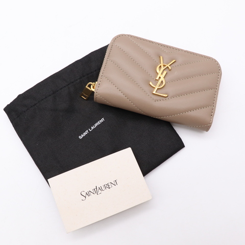 YSL 灰褐色 羊皮 山型紋 拉鍊ㄇ字 卡夾 零錢包