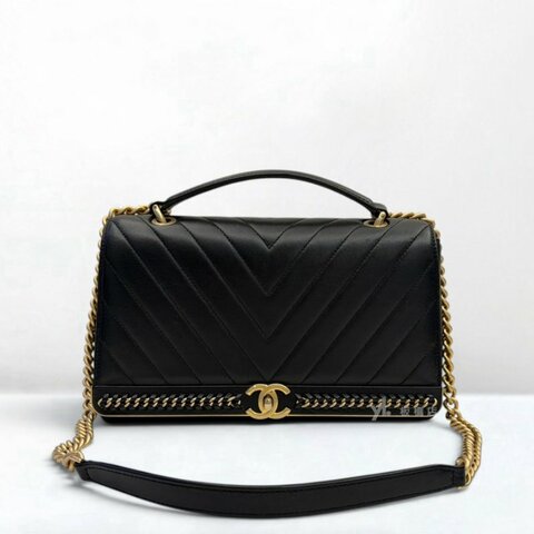 S3636-CHANEL 黑羊皮山型紋霧金釦皮穿鏈飾邊下蓋手提側背包 A91845