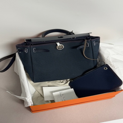 Hermes愛馬仕 herbag31帆布千鳥格海軍藍手提包斜挎包肩背包