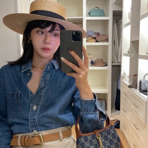 GUCCI 牛仔丹寧藍色金扣Jackie1961 手提肩背斜背包 27*18*4cm 98新配件塵袋