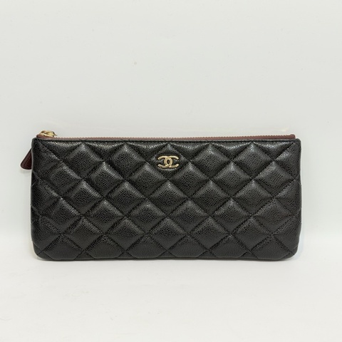 Chanel 黑荔枝皮金釦ㄧ字拉大零錢收納包