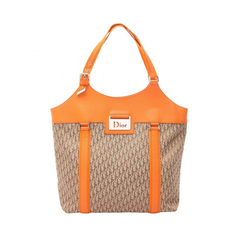 Dior Trotter Street Chic 單肩托特包，帆布皮革，米色橙色，二手