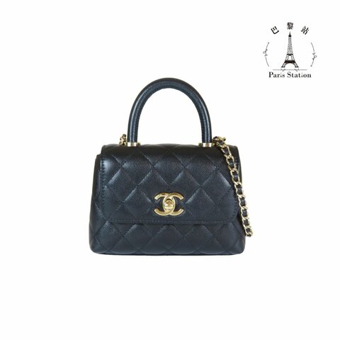 【巴黎站二手名牌專賣店】＊現貨＊CHANEL香奈兒真品＊ 經典雙C NANO HANDLE 黑色菱格紋粒紋小牛皮迷你手提包 斜背包