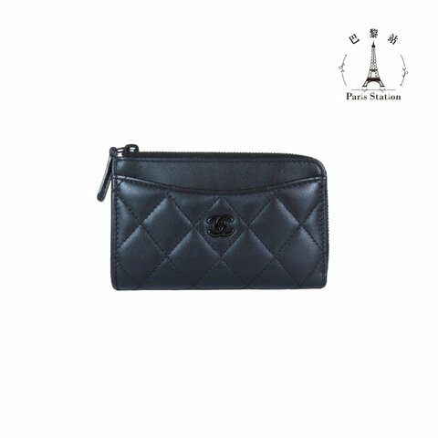 【巴黎站二手名牌專賣店】＊現貨＊CHANEL香奈兒真品＊ AP0216 經典雙C 黑色菱格紋 L型拉鍊卡片零錢包