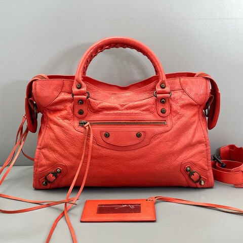 97新 二手Balenciaga巴黎世家机车包大号橘红色/