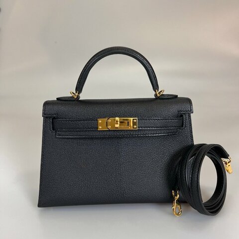 HERMES A刻 山羊皮 黑金KELLY MINI包 II代