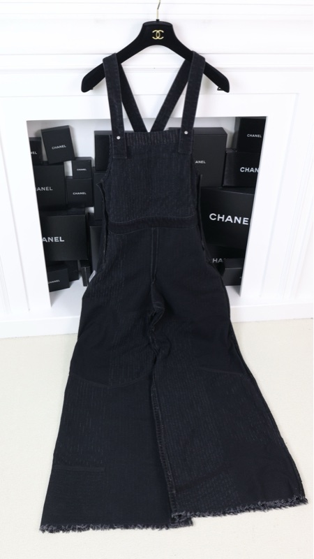 Chanel 22C黑色连体裤丹宁牛仔阔腿背带裤