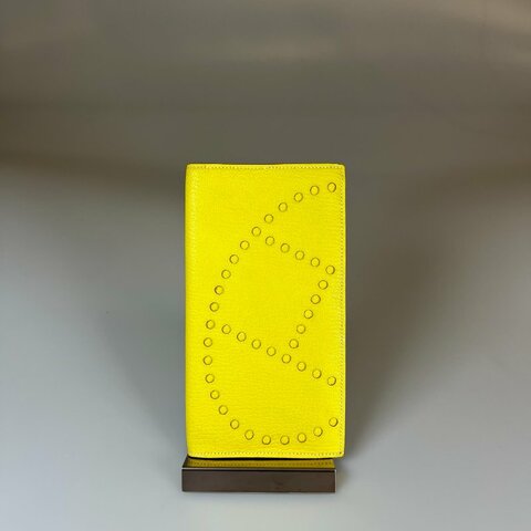 HERMES □O刻 檸檬黃洞洞對折長夾