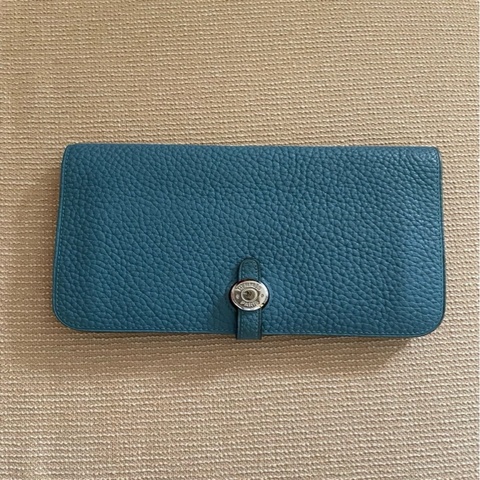 超划算9.9新 Hermès Dogon Duo 湖水藍 Togo 銀扣 長夾 護照夾
