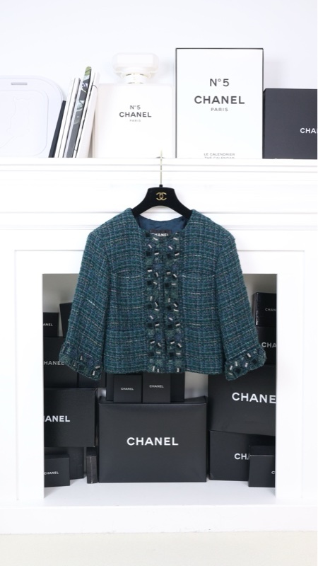 Chanel 12年孔雀绿粗花呢四口袋crop短外套