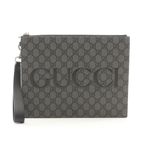 GUCCI GG Supreme商務手拿包 768374 帆布皮革 灰色 黑色 二手 男士